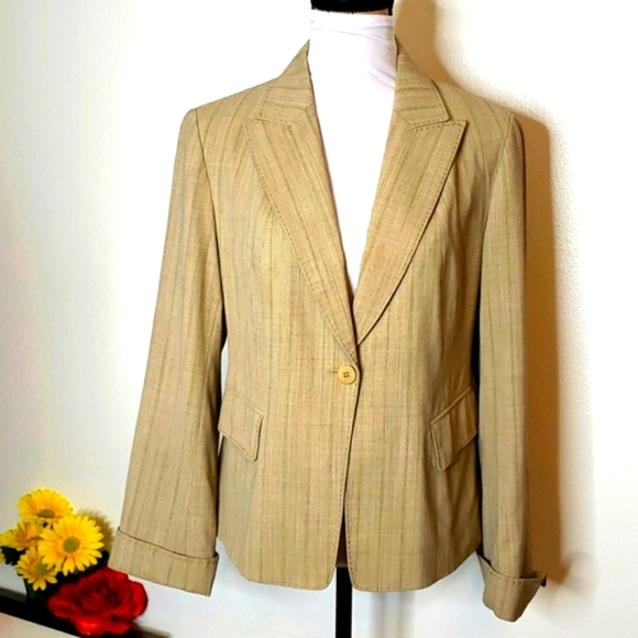 Lafayette 148 New York Tan Stripe Wool Blazer Single Button Office Vintage Luxe - Picture 1 of 12